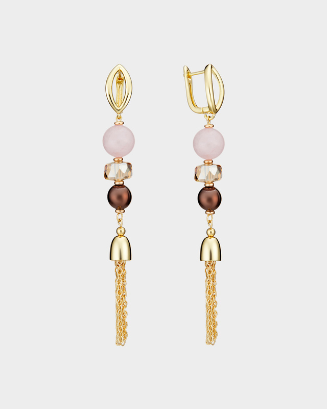 Позолоченные серьги с подвесками из гематита, кварца, хрустального стекла и жемчуга Майорка