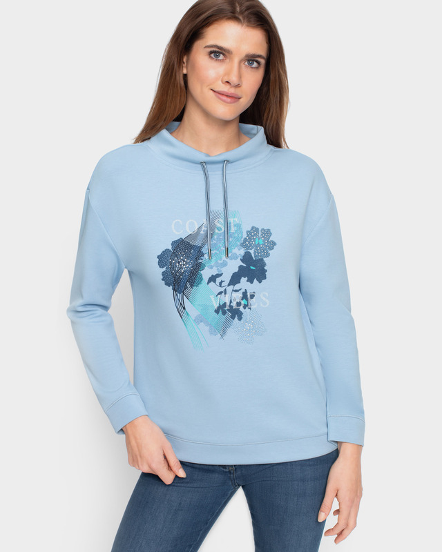 Свитшот с воротником-стойкой на кулиске и цветочным принтом