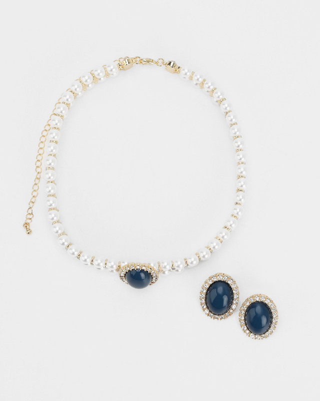 Комплект: колье и серьги с кристаллами и искусственным жемчугом