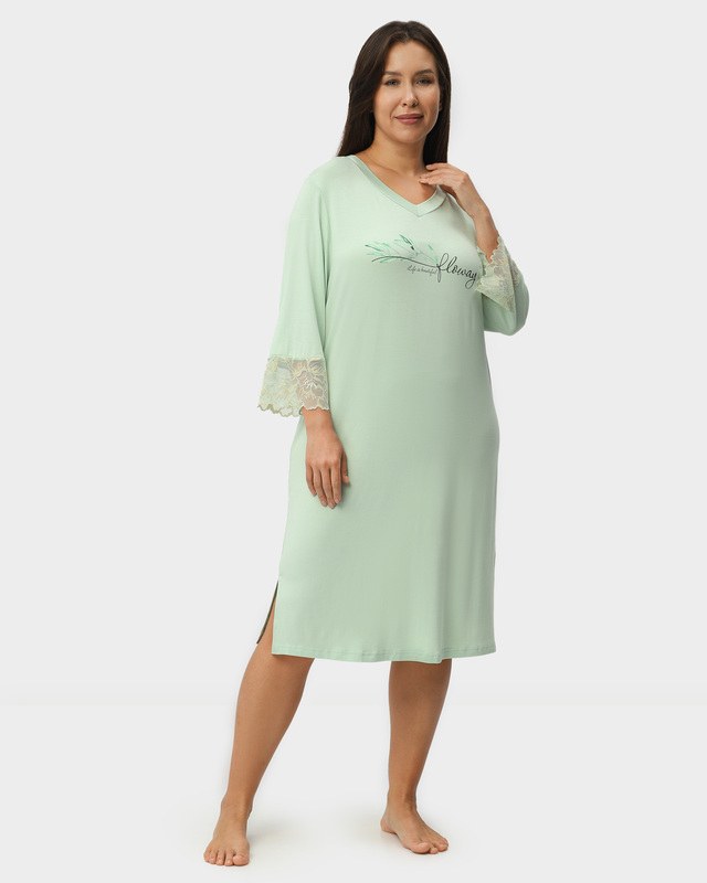 Домашнее платье из эластичной вискозы с принтом и цветочным кружевом