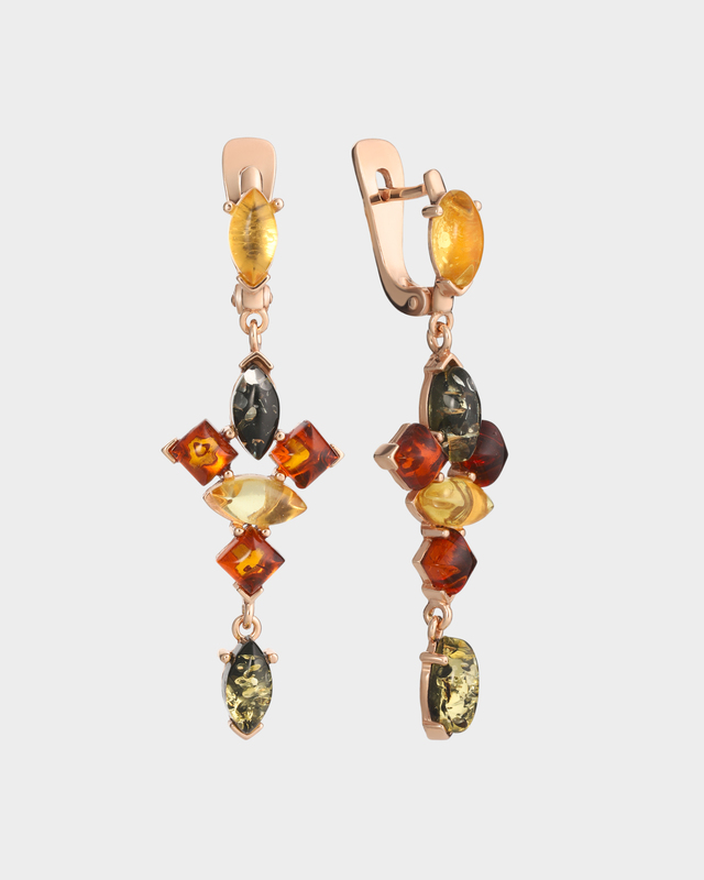 Золоченые серьги с балтийским янтарем трех оттенков