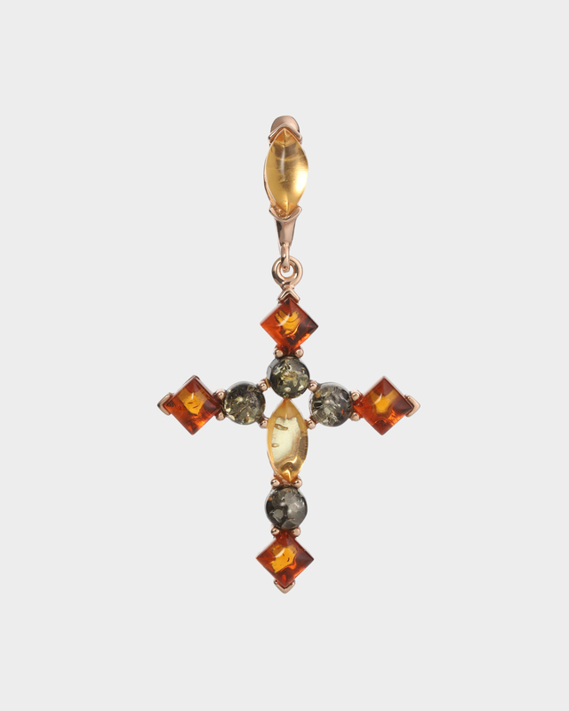 Золоченый кулон в виде креста с балтийским янтарем трех оттенков