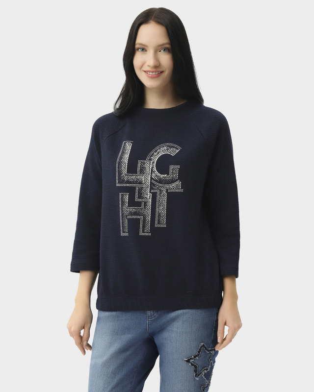 Свитшот вафельной фактуры на основе хлопка с принтом и декором термостразами