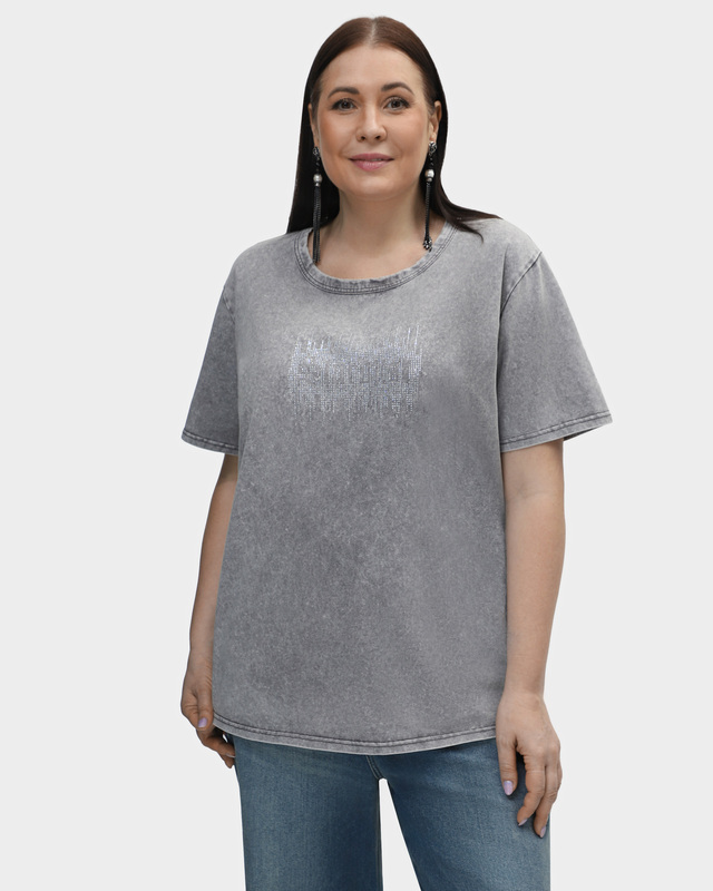 Меланжевая футболка из хлопка с аппликацией из страз