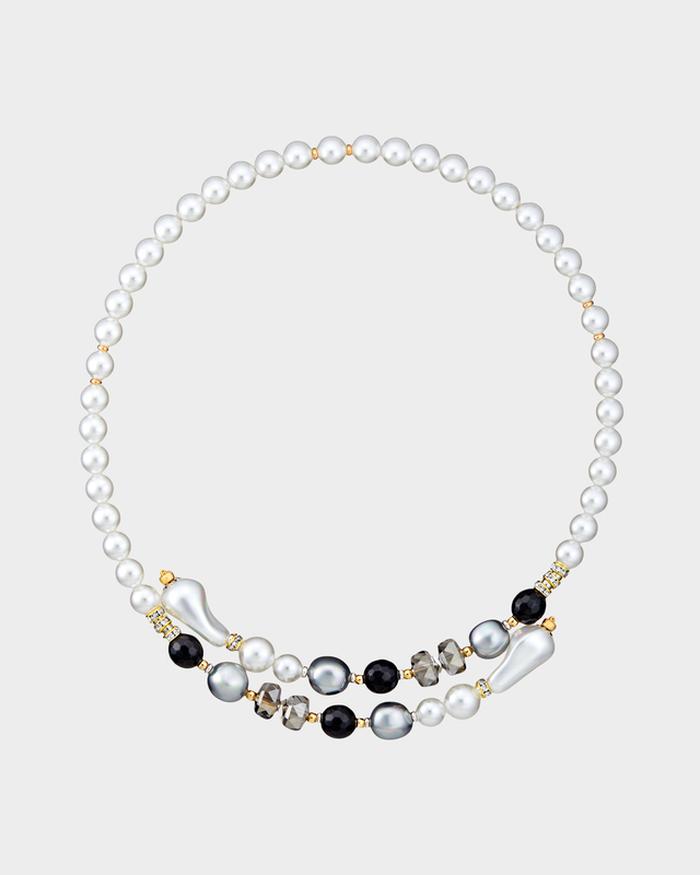 Позолоченное колье из хрусталя, оникса, гематита и жемчуга Майорка