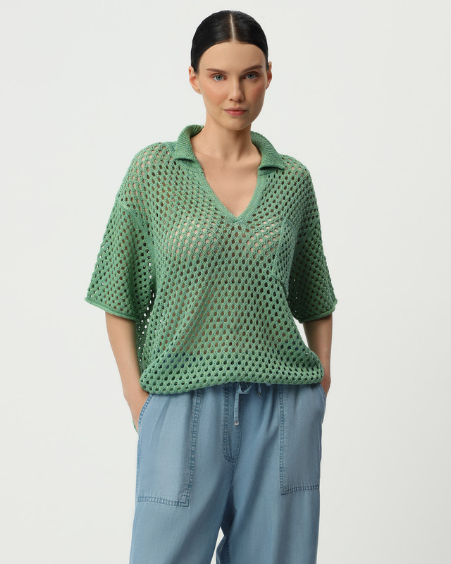 Пуловер с воротником поло и укороченным рукавом