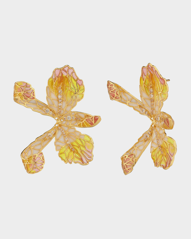 Серьги с орхидеей из эмали и стразами