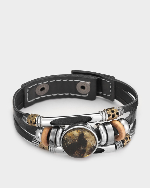 Браслет из натуральных кожи и янтаря