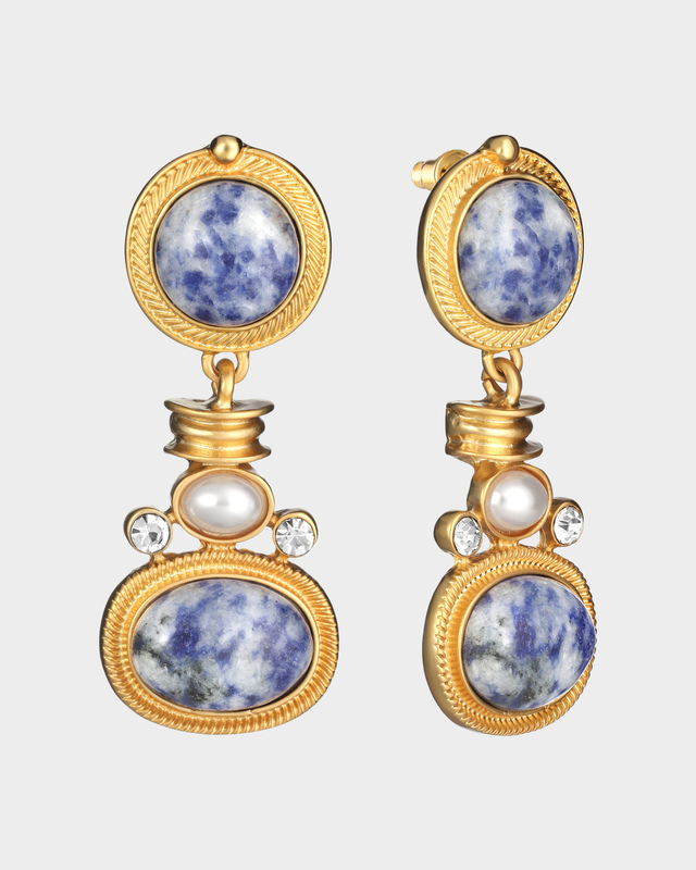 Серьги-дропы с лазуритом и искусственным жемчугом