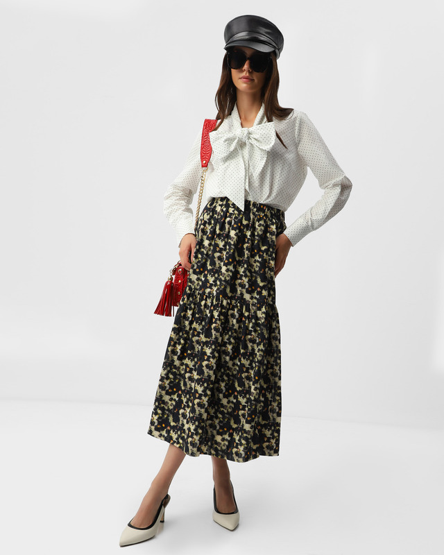 Юбка‐трапеция с широким эластичным поясом и цветочным принтом