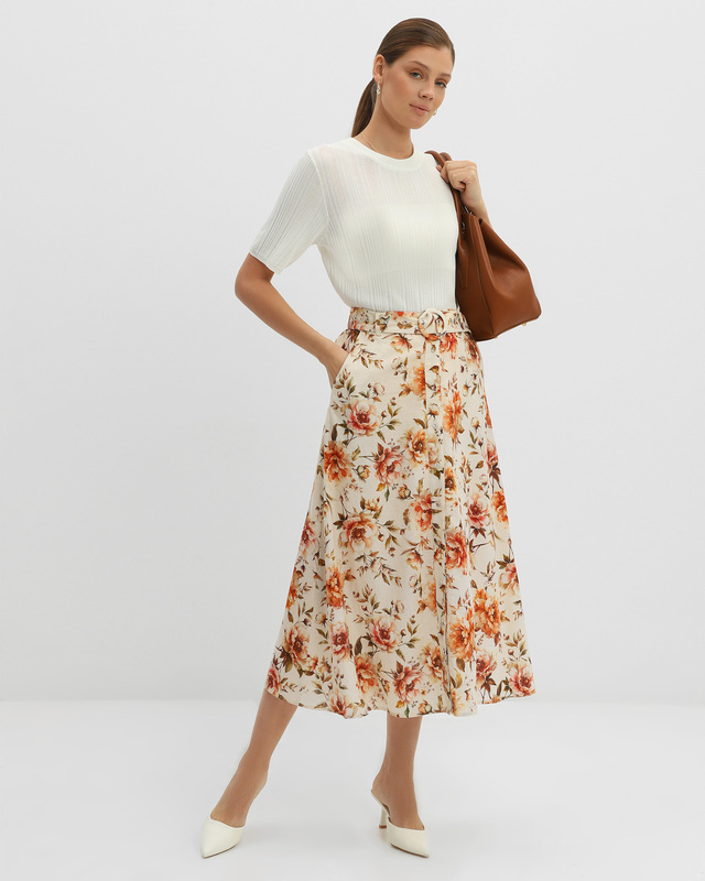 Легкая юбка миди изо льна и вискозы с эластичной вставкой и цветочным принтом 4490₽