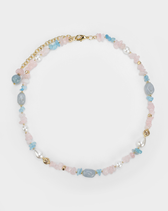 Асимметричное колье с жемчугом Майорка и натуральными камнями: аквамарином, розовым кварцем и гематитом