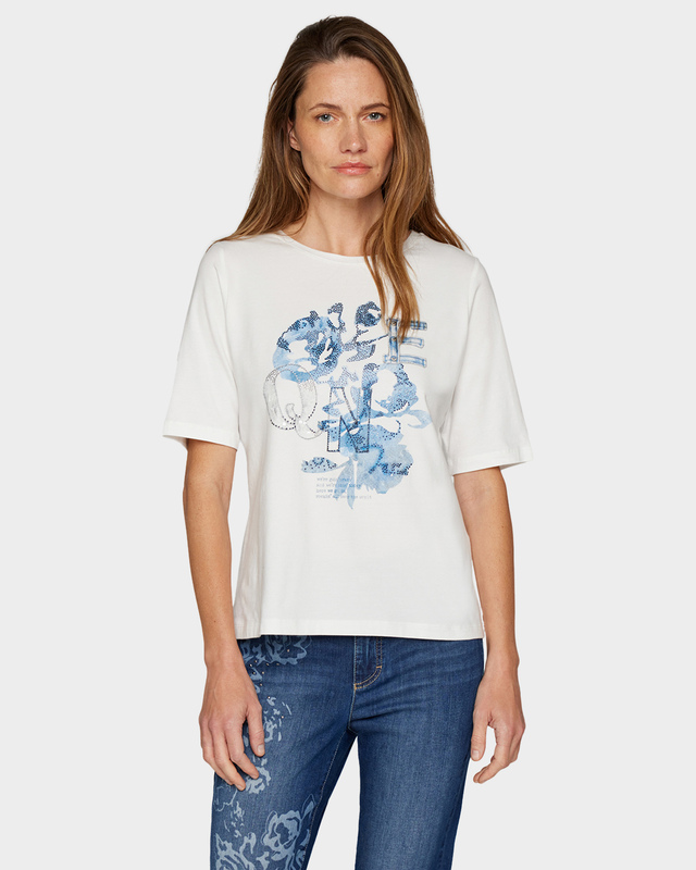 Хлопковая футболка с цветочным принтом и декором термоклеевыми стразами