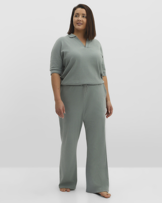 Брюки из эластичного трикотажа в рубчик с широким поясом