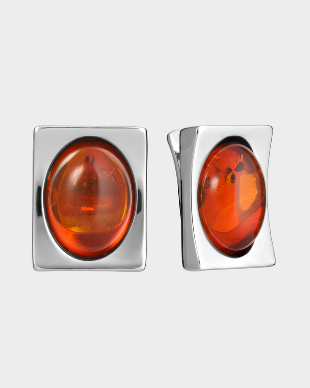 Серебряные серьги геометрического дизайна с натуральным янтарем