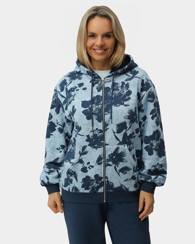 Толстовка утепленная с капюшоном на кулиске и цветочным принтом