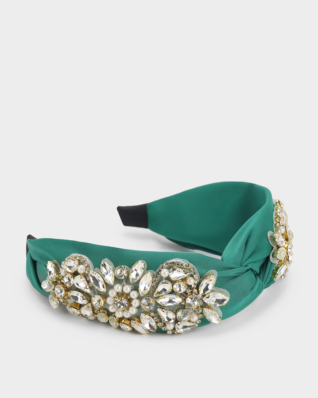 Ободок из сатина, украшенный кристаллами и искусственным жемчугом