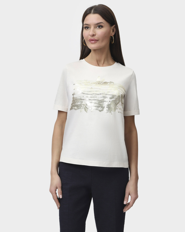 Хлопковая футболка с коротким рукавом и цветочным принтом, декорированным пайетками
