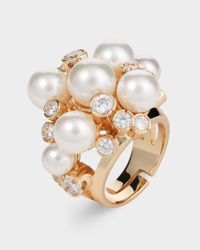 Кольцо с жемчужинами Майорка и стразами регулируемое по размеру