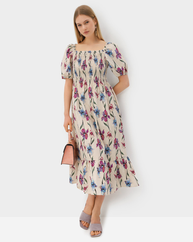 Платье миди с эластичным лифом и цветочным принтом