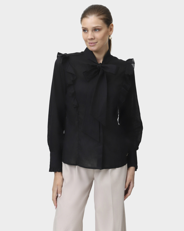 Блузка из хлопка и льна с декором в виде рюшей и бантом на шее