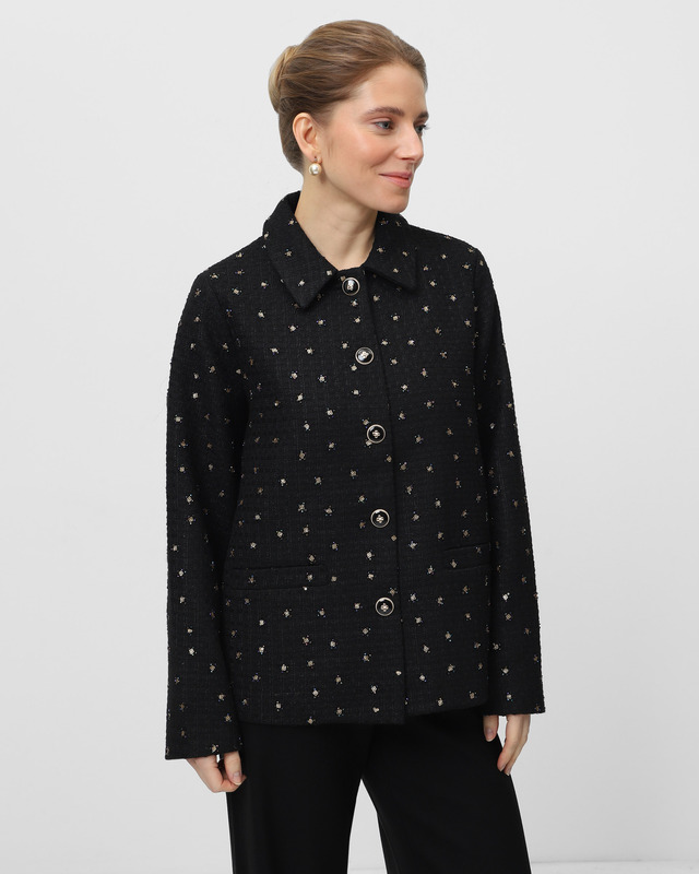 Жакет прямого кроя из ткани с саржевым плетением и бисерной вышивкой