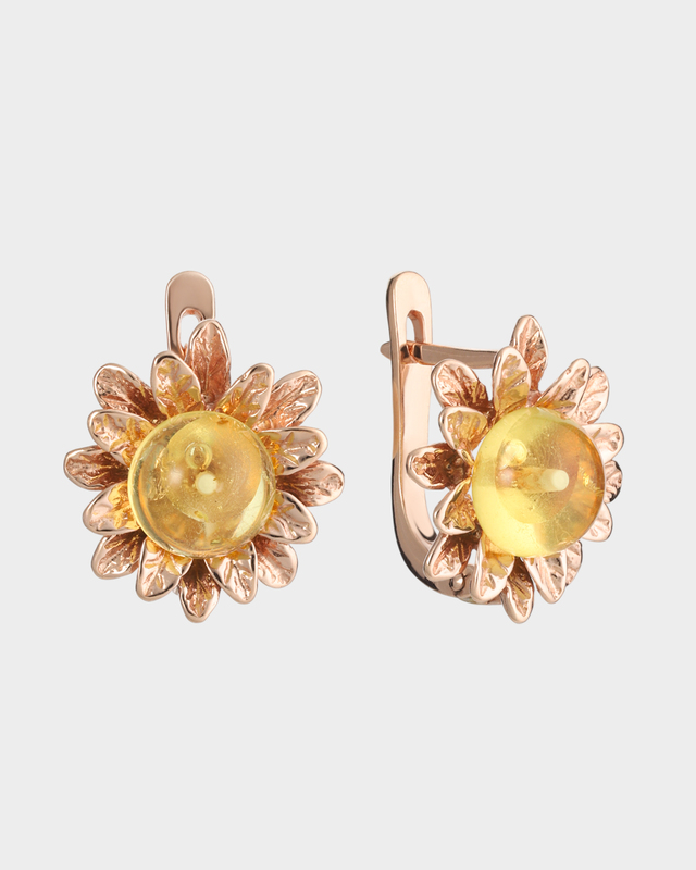 Золоченые серьги с цельным балтийским янтарем лимонного оттенка