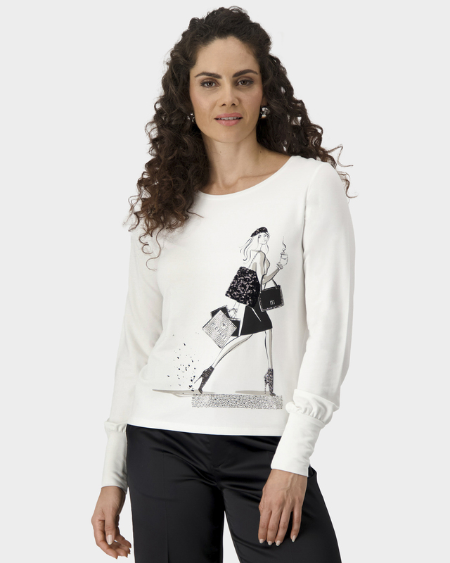 Пуловер из тонкого футера с принтом, пайетками и стразами