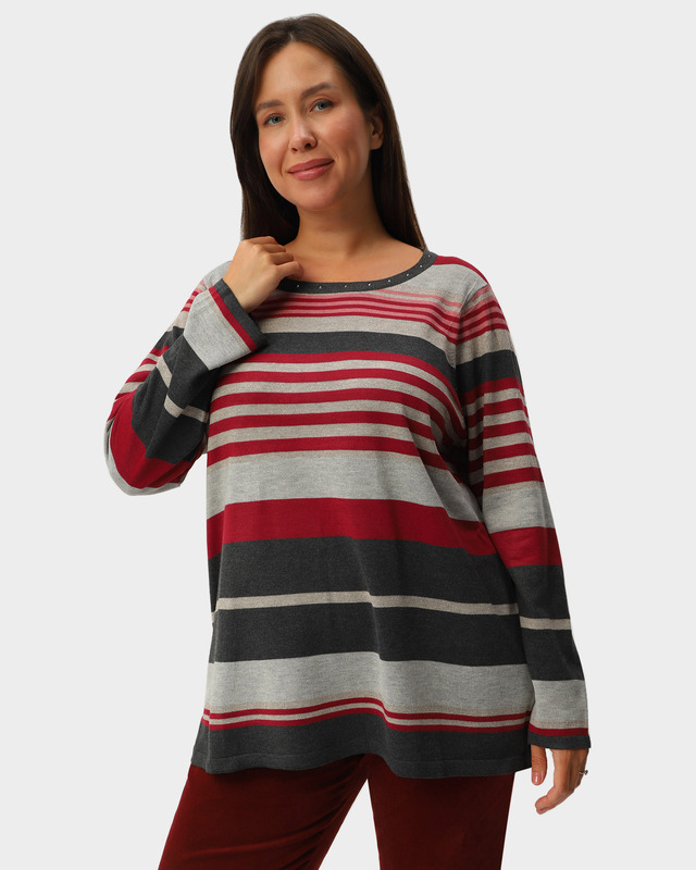 Пуловер в полоску с люрексом и элегантными стразами на горловине