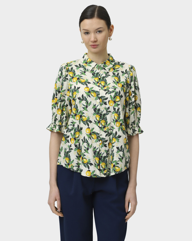 Блузка из смесового льна с рукавами-фонариками и лимонным принтом