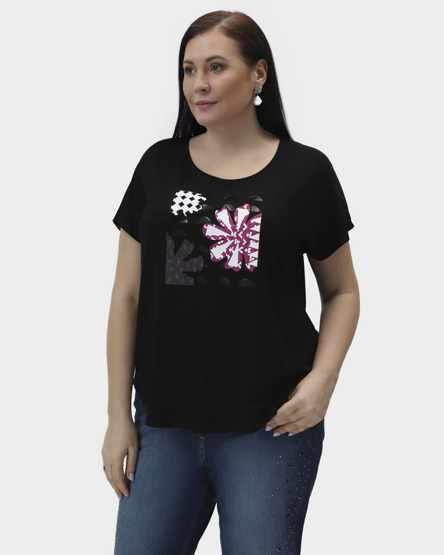 Футболка с цветочным принтом и металлическими стразами