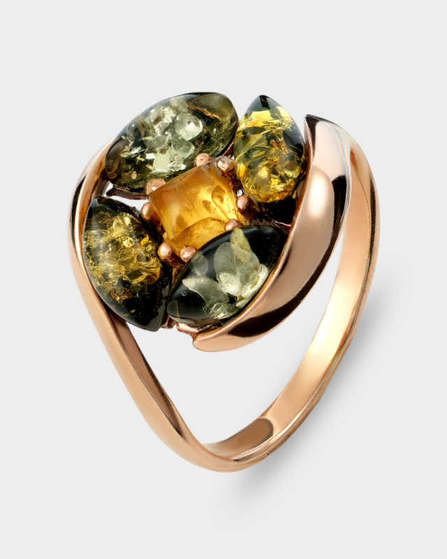 Кольцо в виде цветка с натуральным янтарем нескольких оттенков