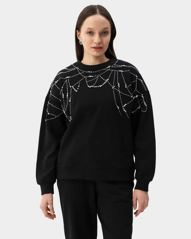 Свитшот из хлопкового френч-терри с декором из стекляруса и стразов
