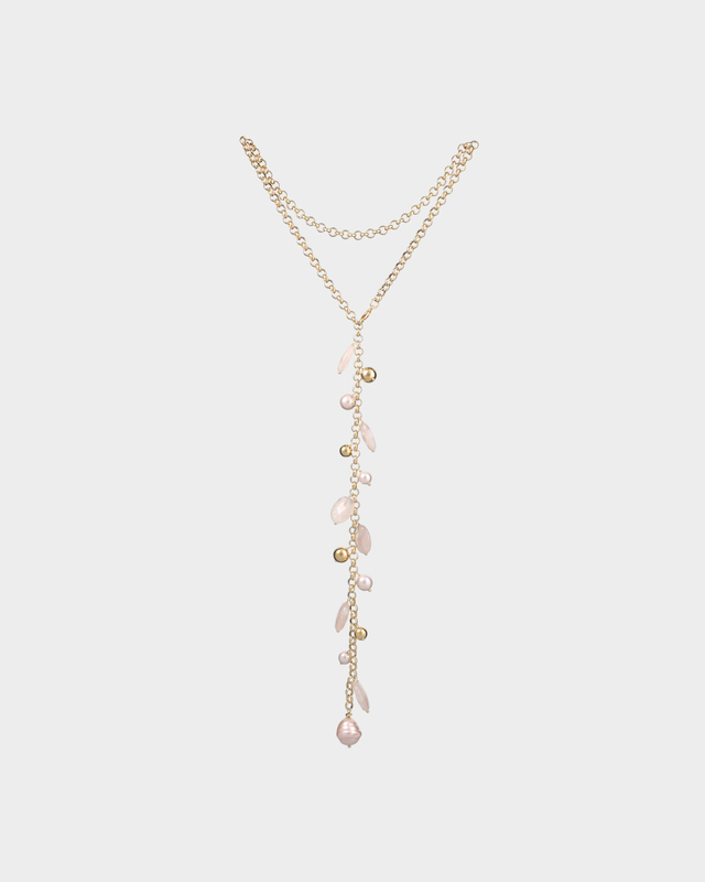 Колье-цепь с жемчугом Майорка и розовым кварцем