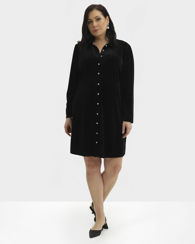 Платье из бархатистой ткани со стразами на воротнике и декоративными пуговицами