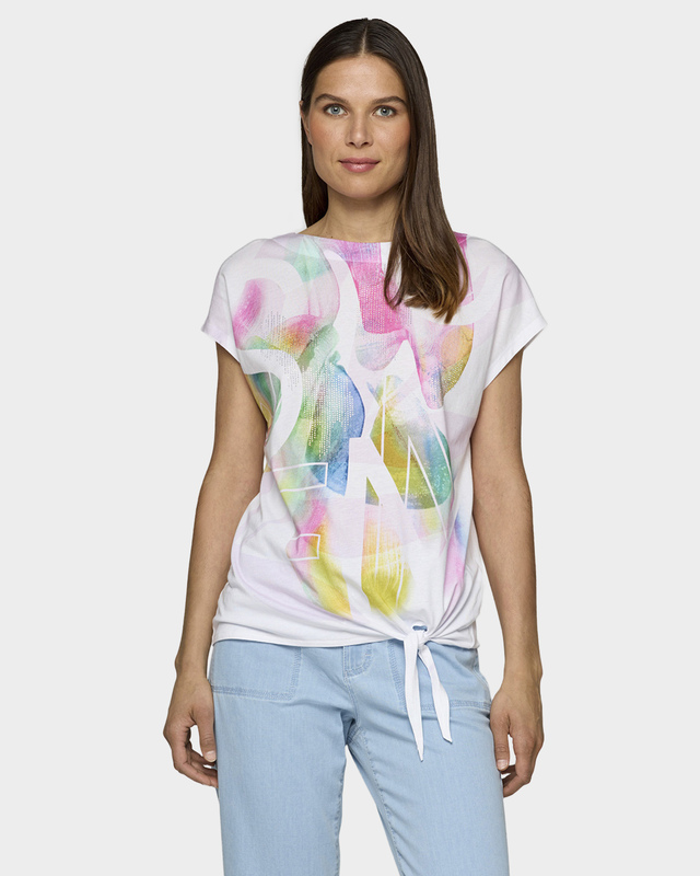 Блузка с абстрактным акварельным принтом и узлом сбоку