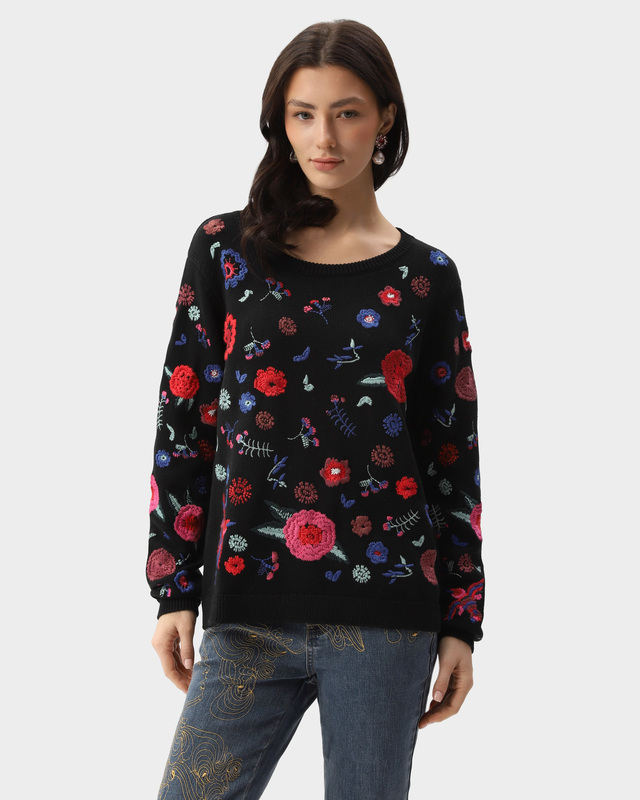 Пуловер из мягкой пряжи с хлопком и вышивкой с цветочными мотивами
