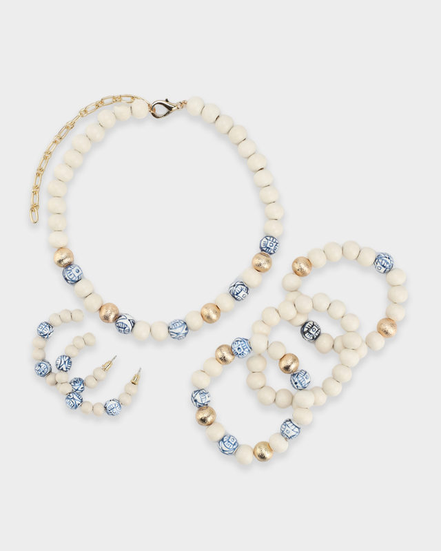 Комплект: колье, набор браслетов и серьги из деревянных и латунных вставок