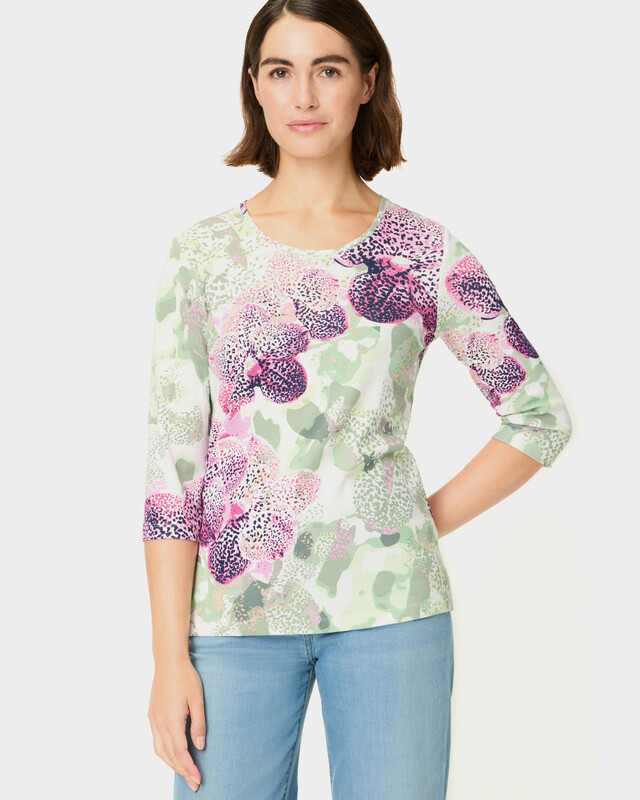 Хлопковый лонгслив с крупным принтом в виде орхидей и сверкающими стразами