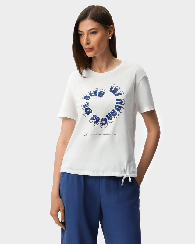 Блузка на кулиске с принтом и декором в виде страз