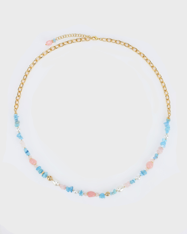 Удлиненное колье с крупной якорной цепью, жемчугом Майорка и натуральными камнями: аквамарином, розовым кварцем и гематитом