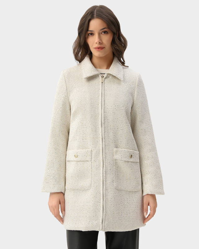 Пальто трапециевидного силуэта из твидовой ткани с отделкой из пайеток