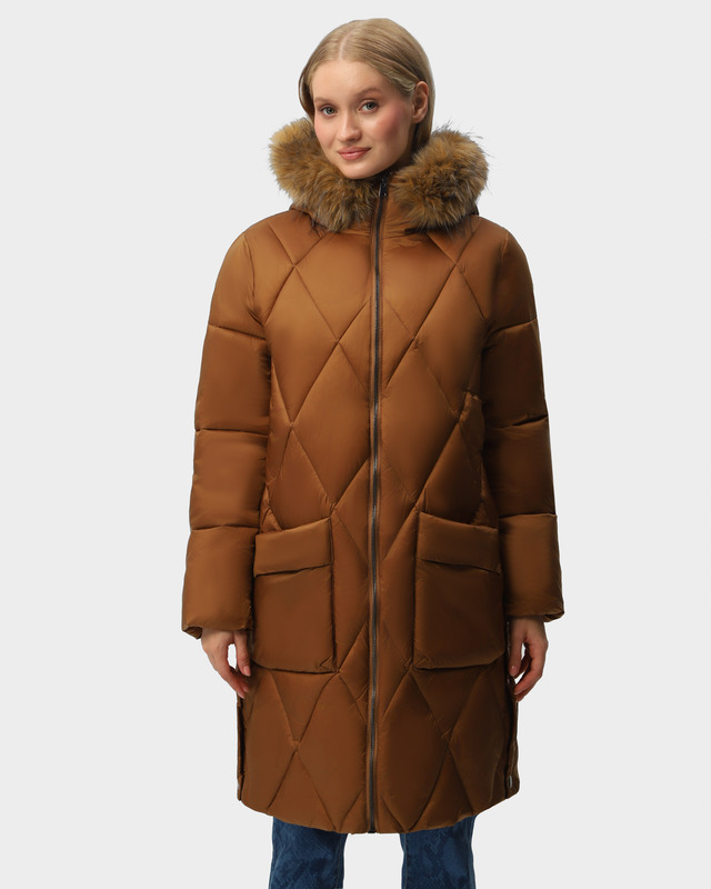 Удлиненный пуховик с капюшоном со съемной опушкой из экомеха