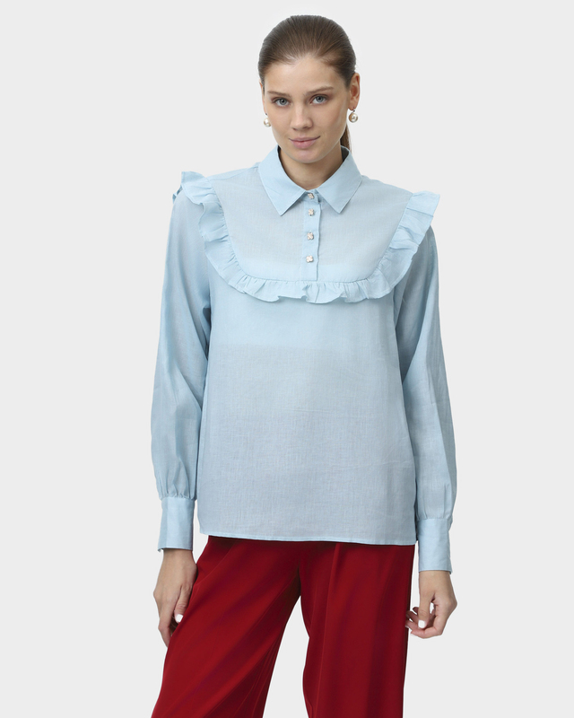 Блузка прямого кроя из хлопка и льна с декором в виде рюшей