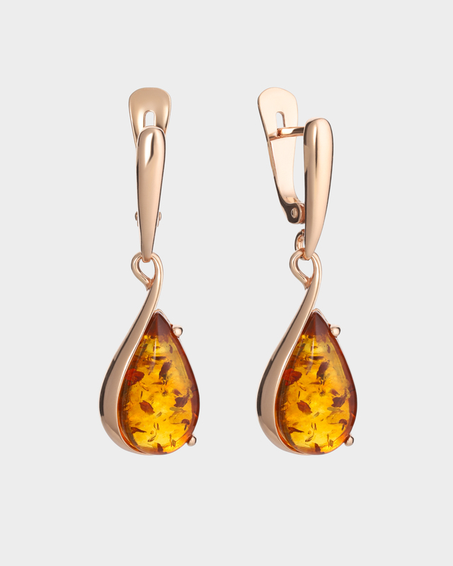 Золоченые серьги с цельным балтийским янтарем