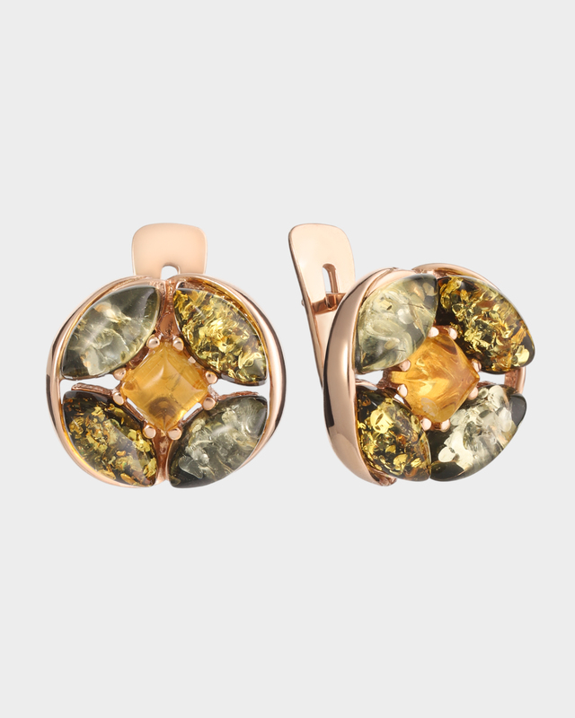 Серьги в виде цветков с натуральным янтарем нескольких оттенков