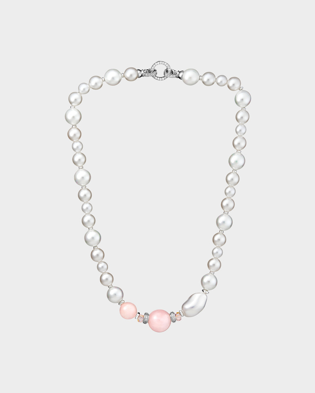 Колье из жемчуга Майорка, розового кварца и хрусталя