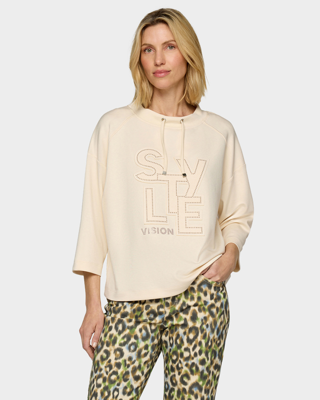 Свитшот из скубы с термоклеевыми стразами и воротником-стойкой на кулиске