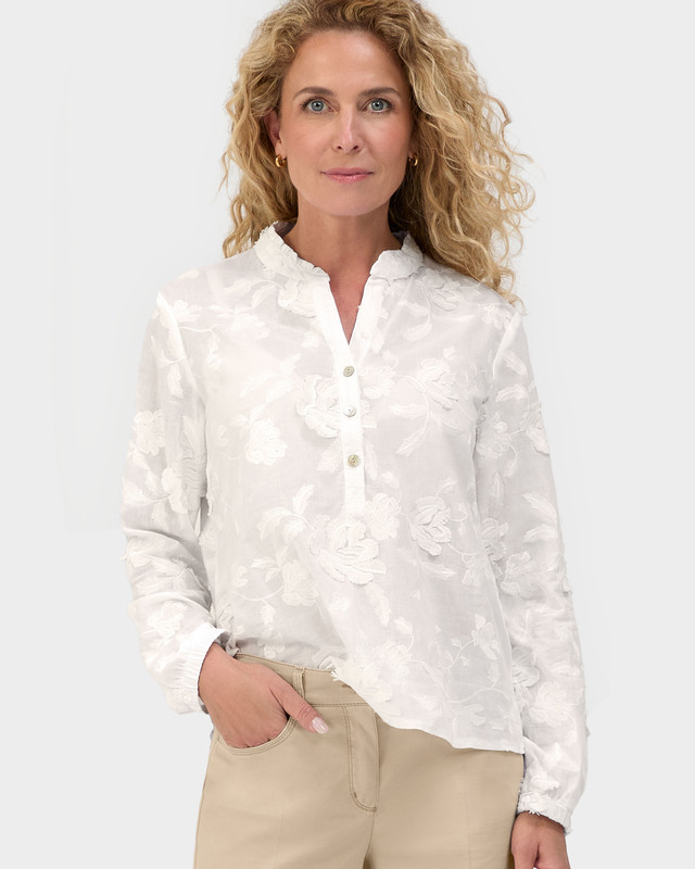 Хлопковая блузка с цветочной вышивкой и воротником-стойкой