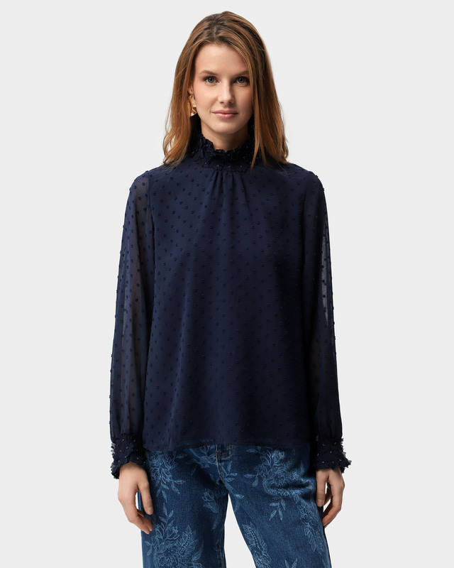 Блузка с эластичным воротником-стойкой с декором из бисера и цветов